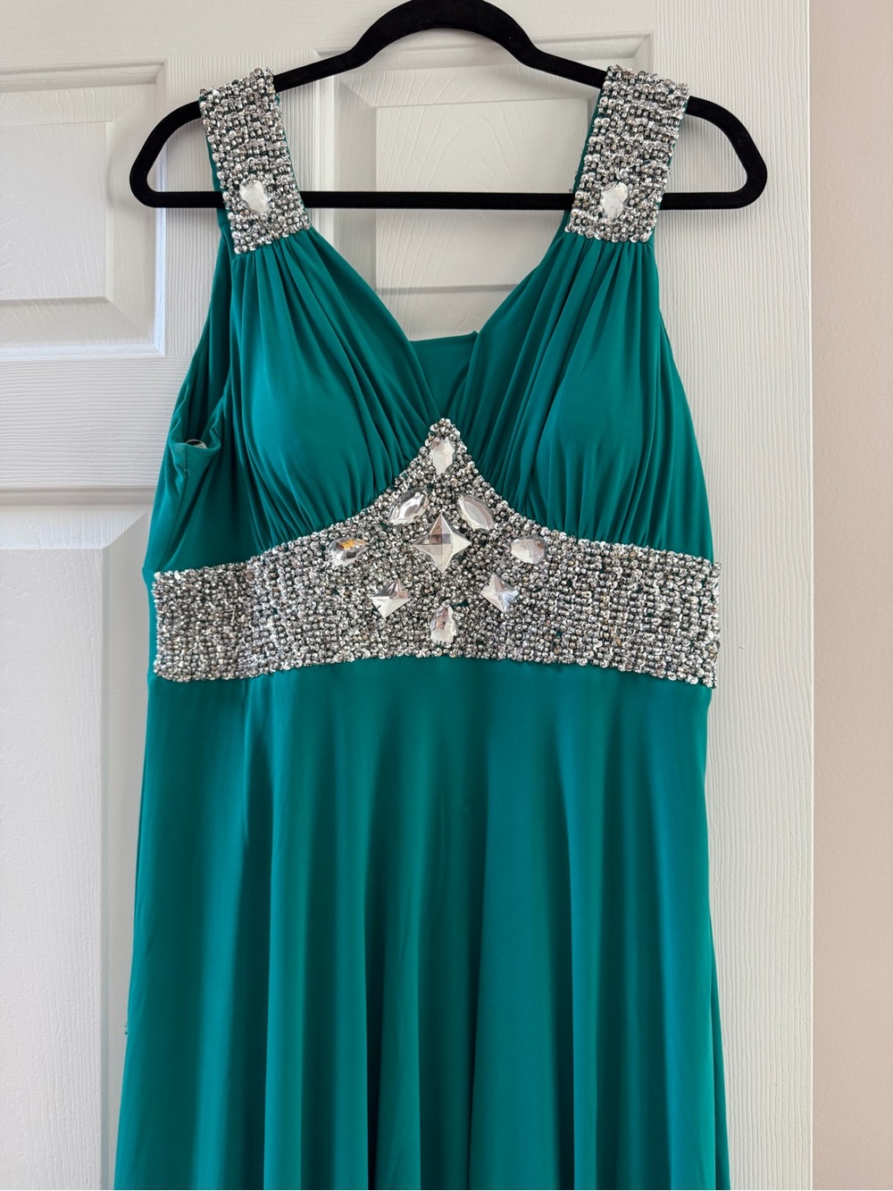 Embellished Teal Evening Dress with Crystal Accents